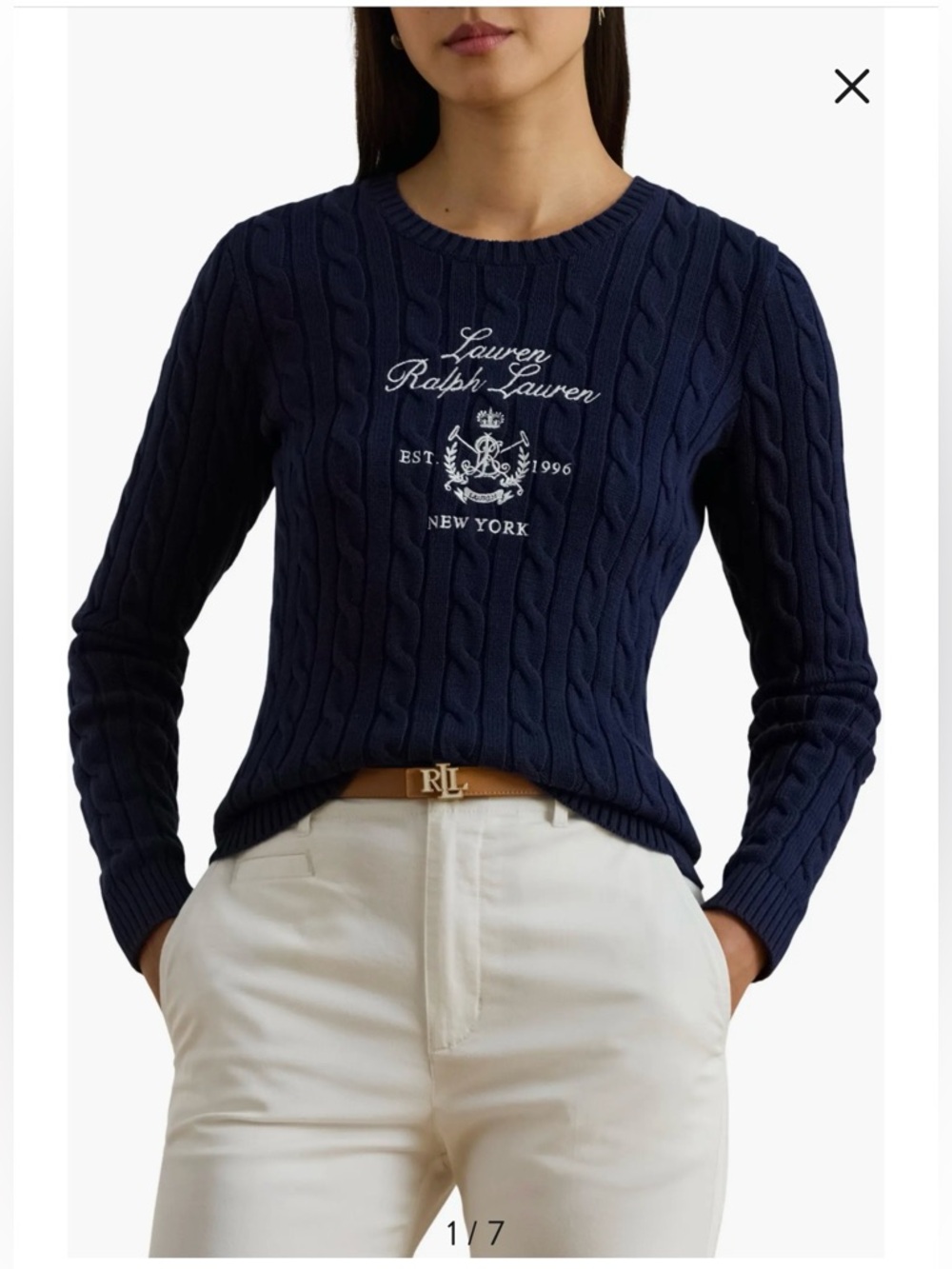 Lauren Ralph Lauren Navy Cable-Knit Crewneck Sweater with White Logo